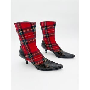 Miu Miu Vintage Tartan Plaid Crackled Leather Pointed Kitten Heel Boots IT 37
